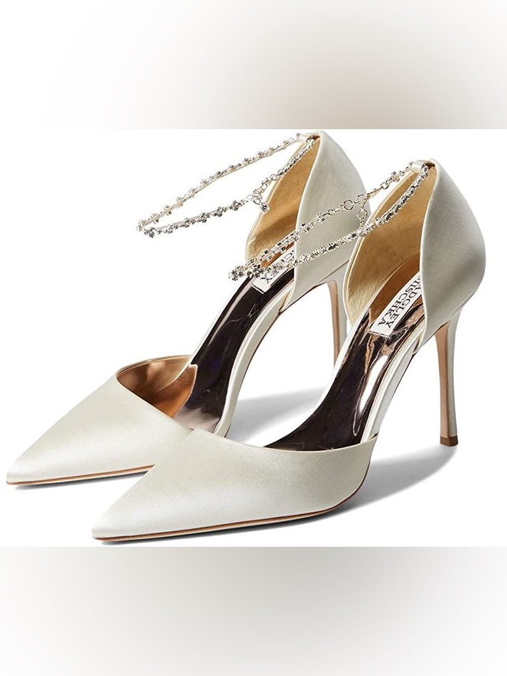 Badgley Mischka Ivory Satin Pointed Toe Crystal-Ankle Pumps (Tierra)